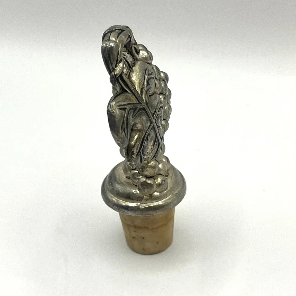 Vintage Silver Toned Grapes Heavy Metal Wine Cork Bottle Stopper Leaves‎ 3.5